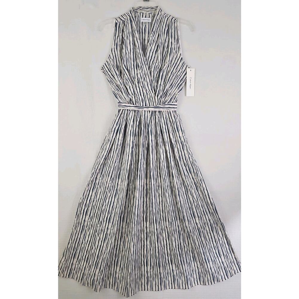 Calvin Klein ~Size 6~ Cream/Blue Stripes Maxi Dress With Waist Tie & Pockets NWT - Picture 5 of 16